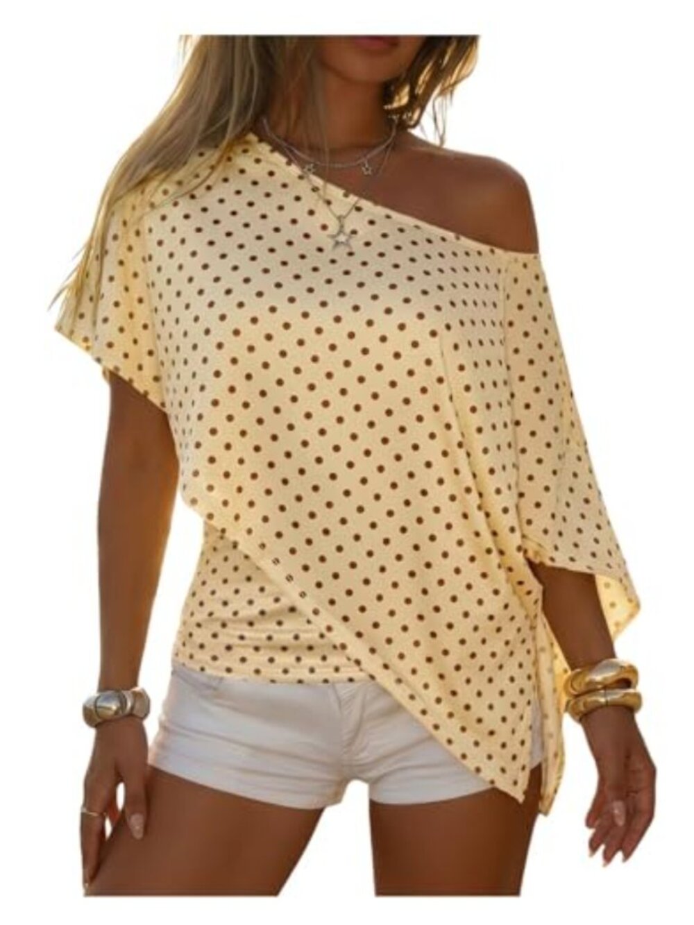 Polka Dots Off Shoulder Asymmetrical Cape Sleeve Dressy Casual Top